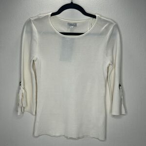 NWT Olivia Warren Off-White Round Neck 3/4 Grommet Tie-Sleeve Sweater Small